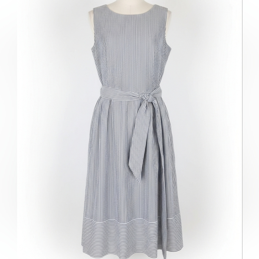 Anne Klein Gray and White Striped Seersucker Midi Dress Size 14
